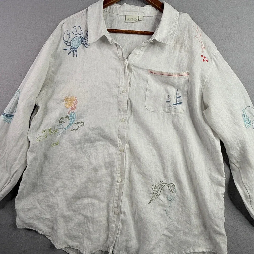Spartina 449 Shirt Womens XL White Linen Embroidered Mermaid Coastal Button Up - Picture 2 of 14